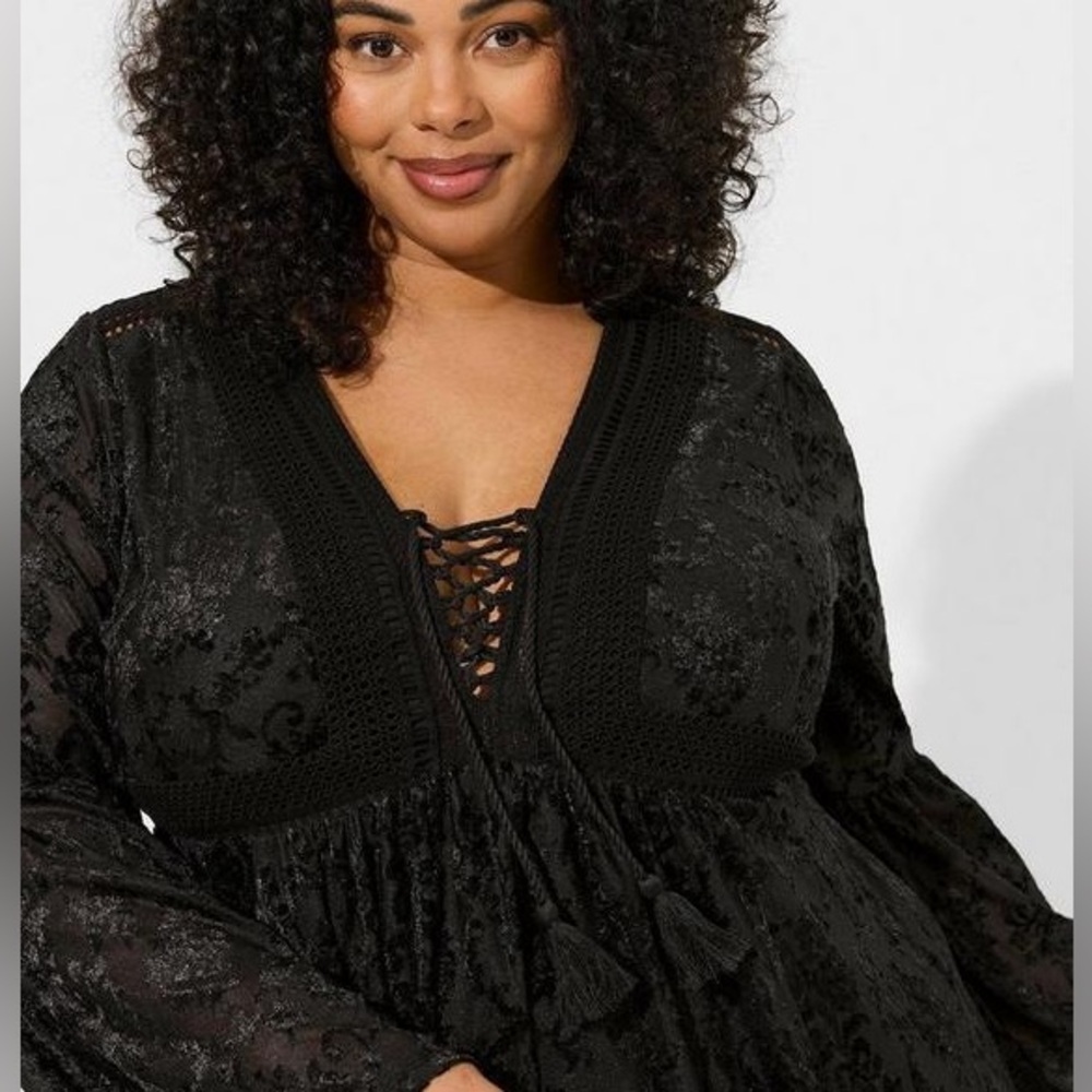 Torrid Black Maxi Burnout Velvet Lace Dress Bell Sleeves Size 1 1X Flowy Party - Picture 6 of 7